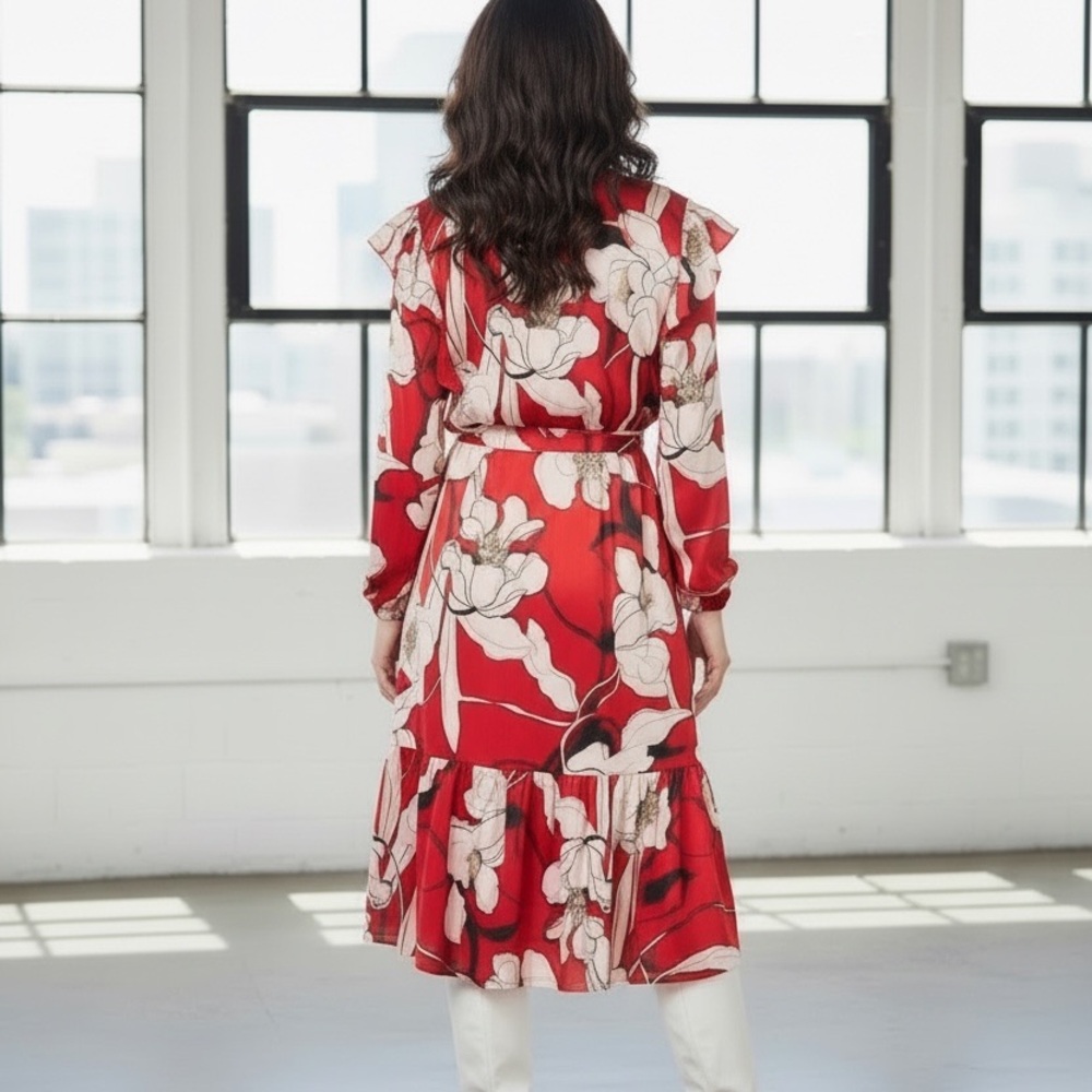 Christian Siriano Satin Floral Long Sleeve Dress in Red and white - Picture 4 of 4